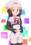  00s 1girl belly_grab black_gloves black_hair cosplay cowboy_shot crop_top elbow_gloves gloves green_eyes hat hikari_(pokemon) hosituyosi long_hair miniskirt musashi_(pokemon) musashi_(pokemon)_(cosplay) navel nyonn24 pinching pokemon pokemon_(game) pokemon_dppt seductive_smile skirt smile solo team_rocket thigh-highs zettai_ryouiki 