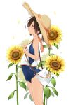  1girl bag breasts brown_eyes brown_hair flower from_side giwa hat highres i-401_(kantai_collection) kantai_collection ponytail profile sailor_collar school_swimsuit short_ponytail small_breasts solo sun_hat sunflower swimsuit swimsuit_under_clothes tan 
