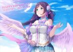  1girl angel_wings bare_shoulders blush breasts character_name detached_collar detached_sleeves dress feather feathers female flower ginopi green_eyes hair_flower hair_ornament happy_birthday headphones headset highres large_breasts long_hair love_live! love_live!_school_idol_project microphone purple_hair ribbon rose sky smile solo strapless strapless_dress toujou_nozomi twintails wings 