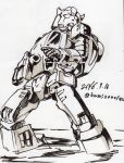  1boy 80s autobot bumblebee grin grinding gun kamizono_(spookyhouse) machine machinery mecha monochrome no_humans oldschool robot science_fiction smile solo standing standing_on_liquid transformers weapon 