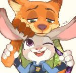   disney fox fox_ears furry green_eyes judy_hopps looking_at_another nick_wilde one_eye_closed rabbit rabbit_ears simple_background usamasuku violet_eyes white_background zootopia 