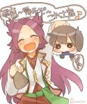  2girls black_legwear blouse blush bottle brown_hair chibi closed_eyes dress_shirt drunk ina_(1813576) japanese_clothes jun&#039;you_(kantai_collection) kaga_(kantai_collection) kantai_collection long_hair magatama multiple_girls purple_hair remodel_(kantai_collection) saliva shirt side_ponytail simple_background spiky_hair upper_body vest white_background 