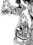  1girl asanagi boots bracelet cagliostro_(granblue_fantasy) cape crown gauntlets granblue_fantasy jewelry knee_boots long_hair looking_at_another monochrome open_mouth petite shirt skirt smile thigh-highs thighs very_long_hair 