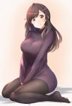  1girl bangs between_legs black_legwear blush breast_squeeze breasts brown_eyes brown_hair closed_mouth commentary_request dress eyebrows_visible_through_hair full_body hand_between_legs head highres idolmaster idolmaster_shiny_colors large_breasts long_hair long_sleeves looking_at_viewer pantyhose purple_sweater ribbed_sweater sitting smile solo sweater sweater_dress swept_bangs tsukioka_kogane turtleneck turtleneck_sweater v_arms wariza wattsu 