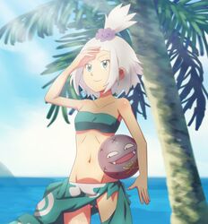  1girl alternate_costume ball bare_shoulders beach beachball blue_eyes cosplay fuyou_(pokemon) fuyou_(pokemon)_(cosplay) gazing_eye groin gym_leader highres homika_(pokemon) koffing midriff navel outdoors palm_tree pokemon sarong shading_eyes smile solo sunlight tree white_hair 