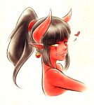  1girl bangs black_hair close-up demon_girl earrings face facial_mark female gradient gradient_background heart horn long_hair looking_at_viewer naughty_face original pointy_ears red_skin solo synth_(iahfy) tongue tongue_out upper_body white_background yellow_eyes 