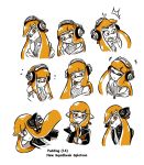  1girl black_jacket character_sheet domino_mask expressions female headphones highres inkling jacket long_hair mask orange_hair partially_colored pudding_(zoza) singlet solo splatoon tentacle_hair upper_body very_long_hair white_background zoza 