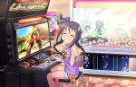  1girl arcade arcade_cabinet artist_request black_hair bracelet braid cameo closed_eyes company_connection controller crane_game cutoffs galaxian grin hair_ornament hairclip idolmaster idolmaster_cinderella_girls idolmaster_cinderella_girls_starlight_stage jewelry joystick long_hair looking_at_viewer mishima_heihachi miyoshi_sana namco official_art rookie_trainer sitting smile solo stuffed_toy tekken tekken_tag_tournament_2 textless trainer_(idolmaster) twin_braids younger 
