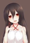  1girl bare_shoulders black_hair blush breast_suppress breasts collarbone fang female kisaragi_yuki_(sora_saki) long_hair looking_at_viewer open_mouth original red_eyes smile solo tongue upper_body 