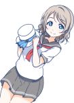  1girl blue_eyes brown_hair female hat hat_removed headwear_removed highres icehotmilktea looking_at_viewer love_live!_school_idol_project love_live!_sunshine!! school_uniform serafuku short_hair simple_background smile solo watanabe_you 