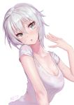  1girl :o anastasia_(idolmaster) artist_name blush breasts cleavage eyebrows eyebrows_visible_through_hair grey_eyes hair_between_eyes head_tilt hot idolmaster idolmaster_cinderella_girls looking_at_viewer meto31 shirt silver_hair simple_background solo sweat sweating upper_body wet_clothes white_background white_shirt 