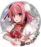 1girl asa_(coco) bandage bandaged_arm bun_cover chains chinese_clothes cuffs double_bun fighting_stance flower hair_between_eyes hair_bun ibaraki_kasen open_mouth pink_eyes pink_hair pink_rose puffy_short_sleeves puffy_sleeves rose shackles short_hair short_sleeves solo tabard touhou upper_body 
