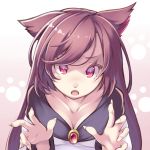  1girl :o animal_ears bangs breasts brooch brown_hair claw_pose cleavage collarbone eyelashes fang fingernails gradient gradient_background imaizumi_kagerou jewelry long_fingernails long_sleeves looking_at_viewer midorino_eni open_mouth palms paw_print red_eyes sharp_fingernails solo swept_bangs touhou upper_body wolf_ears 