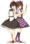  2girls black_hair brown_eyes brown_hair cellphone collared_shirt dress hair_ribbon hat himekaidou_hatate iphone kamukamu_(ars) multiple_girls necktie phone red_eyes ribbon shameimaru_aya shirt short_sleeves smartphone touhou twintails 