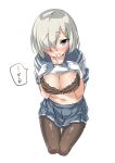  1girl bangs blue_eyes blue_skirt blush bra breasts brown_bra brown_legwear cleavage collarbone cowboy_shot cropped_legs ebifurya eyebrows eyebrows_visible_through_hair gloves hair_ornament hair_over_one_eye hairclip hamakaze_(kantai_collection) hands_on_own_chest highres kantai_collection large_breasts looking_at_viewer navel one_eye_covered open_mouth pantyhose pleated_skirt school_uniform serafuku shirt_lift short_hair short_sleeves silver_hair simple_background skirt solo speech_bubble stomach thigh_gap underwear white_background white_gloves 