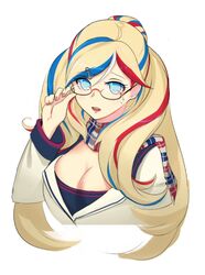  adjusting_glasses amber_(5_22_lili) anchor_hair_ornament bespectacled blonde_hair blue_eyes blue_hair breasts cleavage commandant_teste_(kantai_collection) glasses hair_ornament hairclip kantai_collection large_breasts long_hair long_sleeves looking_at_viewer multicolored_hair nail_polish no_hat no_headwear open_mouth redhead streaked_hair sweatdrop 