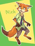  animal_ears artist_request character_name disney fang fox fox_ears fox_tail full_body furry green_eyes nick_wilde tail text walking zootopia 