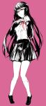  1girl bangs bow crying dangan_ronpa dangan_ronpa/zero female full_body highres hug_(artist) hug_(yourhug) long_hair looking_at_viewer monochrome otonashi_ryouko pink_background sad school_uniform simple_background skirt solo spot_color tears 