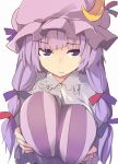  1girl bow breast_squeeze breasts capelet crescent dress hair_bow hair_ribbon hat hat_ribbon kamukamu_(ars) large_breasts long_hair looking_at_viewer mob_cap patchouli_knowledge purple_bow purple_hair purple_ribbon red_bow red_ribbon ribbon solo striped striped_dress touhou tress_ribbon upper_body violet_eyes wavy_mouth white_background 