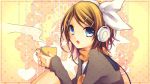  1girl drink female headphones kagamine_rin kuroi_(liar-player) scarf solo vocaloid yellow 
