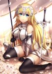  1girl arm_support armor armored_dress bangs between_legs black_gloves black_legwear blonde_hair blue_eyes blurry blush breasts bu_li chains depth_of_field dress fate/apocrypha fate/grand_order fate_(series) faulds flag floor fur_trim gauntlets gloves glowing hand_between_legs headpiece holding jewelry large_breasts long_hair looking_at_viewer on_floor parted_lips petals planted_sword planted_weapon ruler_(fate/apocrypha) ruler_(fate/grand_order) sitting sleeveless solo sword thigh-highs wariza weapon white_flower wind 