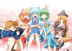  6+girls black_hair blonde_hair blue_hair cirno closed_eyes daiyousei eiyuu_(eiyuu04) green_hair highres lily_black lily_white long_hair luna_child multiple_girls open_mouth short_hair sleeping smile star_sapphire sunny_milk touhou wings 