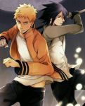  2boys amputee bandage black_eyes black_hair blonde_hair blue_eyes glove male_focus multiple_boys naruto prosthetic sword uchiha_sasuke uzumaki_naruto whisker_markings 