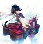  1girl bangs black_hair blue_eyes chinese_clothes closed_mouth floral_background gem headband holding holding_sword holding_weapon kingdom kyoukai_(kingdom) long_hair long_sleeves looking_at_viewer low_ponytail outstretched_arms ponytail sash scarf sidelocks smile solo spread_arms sword weapon white_background wide_sleeves yukiomi_haku 