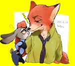   1boy 1girl animal_ears artist_request bunny_tail disney face-to-face fox fox_ears fox_tail furry green_eyes hetero judy_hopps looking_at_another nick_wilde police police_uniform rabbit rabbit_ears simple_background size_difference tail uniform upper_body zootopia 