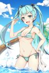  ! 1girl aqua_hair bad_id bangs bikini blue_eyes blue_sky breasts clouds collarbone cowboy_shot drooling eyelashes groin hair_ornament hair_ribbon halterneck hand_on_hip hatsune_miku highres holding_towel long_hair medium_breasts number ocean open_mouth palm_tree pokeball_symbol pokemon ribbon sky snapping_fingers solo sparkle stomach string_bikini striped striped_bikini summer swimsuit tattoo towel tree twintails under_boob vocaloid wading water_drop z_shichao 