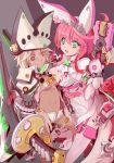  2girls animal_ears beltbra blue_eyes breasts cape cleavage colored_eyelashes creature dark_skin elphelt_valentine gloves guilty_gear guilty_gear_xrd hat long_hair multiple_girls orange_eyes pink_hair rabbit_ears ramlethal_valentine rudorufu short_hair short_shorts shorts silver_hair sword teeth under_boob weapon white_cape 