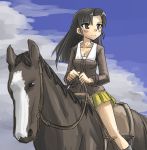  1girl black_hair blush girls_und_panzer higesamurai horse long_hair nishi_kinuyo riding solo 