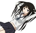  1girl a.ringo black_hair black_skirt chitanda_eru hands_in_hair highres hyouka long_hair looking_at_viewer midriff navel open_mouth pleated_skirt school_uniform simple_background skirt solo violet_eyes white_background 
