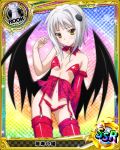  1girl artist_request bat_wings breasts card_(medium) cat_hair_ornament chess_piece detached_collar erect_nipples garter_belt garter_straps hair_intakes hair_ornament high_school_dxd navel official_art rook_(chess) short_hair silver_hair single_glove small_breasts solo strapless_bottom thigh-highs toujou_koneko trading_card wings yellow_eyes 