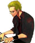  1boy earrings glasses green_hair instrument male_focus musical_instrument one_piece piano roronoa_zoro solo wristband 