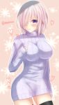  1girl blush breasts fate/grand_order fate_(series) hair_over_one_eye highres looking_at_viewer shielder_(fate/grand_order) short_hair sleeves_past_wrists solo sweater tanaji thigh-highs violet_eyes zettai_ryouiki 