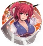  1girl :d asa_(coco) breasts cleavage eyebrows eyebrows_visible_through_hair hair_between_eyes hair_bobbles hair_ornament large_breasts onozuka_komachi open_mouth over_shoulder puffy_short_sleeves puffy_sleeves red_eyes redhead scythe short_sleeves simple_background smile solo touhou twintails two_side_up upper_body weapon weapon_over_shoulder white_background 