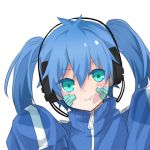  1girl :t aqua_eyes blue_hair blush ene_(kagerou_project) enomoto_takane female frown headphones kagerou_project kuangquanshui long_hair long_sleeves md5_mismatch pout solo twintails 