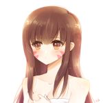  1girl artist_name atobesakunolove bangs bare_shoulders blush blush_stickers breasts brown_eyes brown_hair cleavage closed_mouth collarbone d.va_(overwatch) eyebrows eyebrows_visible_through_hair facepaint facial_mark fingernails hand_up holding holding_towel long_fingernails long_hair medium_breasts naked_towel overwatch simple_background solo towel upper_body whisker_markings white_background 