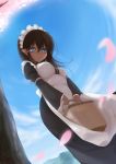  1girl blue_eyes blush breasts brown_eyes brown_hair closed_mouth dark_skin elf female kisaragi_yuki_(sora_saki) long_hair long_sleeves looking_at_viewer maid maid_headdress original pointy_ears sakura sky solo sunbeam tree 