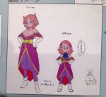  breasts character_sheet cleavage concept_art dragon_ball dragon_ball_xenoverse earrings female flat_color looking_at_viewer pink_hair pink_skin pointy_ears supreme_kai_of_time translation_request 