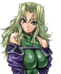  1girl amania_orz bare_shoulders breasts collar green_eyes green_hair lamia_loveless large_breasts long_hair simple_background smile solo super_robot_wars super_robot_wars_original_generation white_background 
