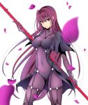  1girl bodysuit breasts covered_navel fate/grand_order fate_(series) gae_bolg highres holding holding_weapon large_breasts long_hair looking_at_viewer parted_lips petals purple_hair scathach_(fate/grand_order) simple_background smile solo tetsu_(excalibur920) violet_eyes weapon white_background 