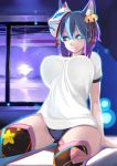  1girl animal_ears bell blue_eyes blue_hair blush breasts buruma floral_print fox_ears gym_uniform highres jacket large_breasts mask original parted_lips shiki_(psychedelic_g2) short_hair sitting smile solo thigh-highs track_jacket 