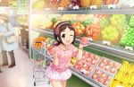  1girl ;d artist_request banana bracelet brown_hair collarbone food fruit groceries hairband idolmaster idolmaster_cinderella_girls idolmaster_cinderella_girls_starlight_stage jewelry looking_at_viewer low_twintails muramatsu_sakura necklace official_art one_eye_closed open_mouth orange peach shopping shopping_cart skirt smile solo_focus twintails 