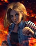  1girl android_18 blonde_hair blue_eyes blurry clenched_hand commentary depth_of_field dragon_ball dragon_ball_z dragonball_z fire glaring lavah lips looking_at_viewer punching realistic shirt short_hair solo striped striped_shirt upper_body 