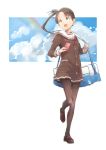  1girl alternate_costume ayanami_(kantai_collection) brown_eyes brown_hair brown_legwear buttons cellphone clouds dress hair_ribbon kantai_collection looking_up matsutani neckerchief open_mouth pantyhose phone rainbow ribbon sailor_collar shoes side_ponytail smartphone smile solo 