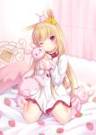  1girl amashiro_natsuki animal_ears barefoot bed_sheet blonde_hair blush curtains dress eyebrows eyebrows_visible_through_hair flower frilled_dress frills hair_flower hair_ornament head_tilt heart highres holding holding_stuffed_animal indoors long_hair long_sleeves looking_at_viewer object_on_head on_bed one_eye_closed original pillow pink_eyes rabbit_ears room sitting slit_pupils solo strawberry_print stuffed_animal stuffed_bunny stuffed_toy wariza 