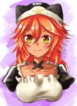  1girl apron artist_request blush braid breasts closed_mouth collar dark_skin frills hat long_hair lupusregina_beta maid maid_apron open_eyes overlord_(maruyama) redhead simple_background smile solo twin_braids yellow_eyes 