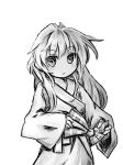  1boy 1girl blush closed_mouth expressionless eyebrows eyebrows_visible_through_hair female highres japanese_clothes kimono long_hair looking_at_viewer messy_hair monochrome simple_background sketch solo trap white_background 